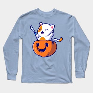 Cute Cat Holding Knife In Pumpkin Helloween Cartoon Long Sleeve T-Shirt